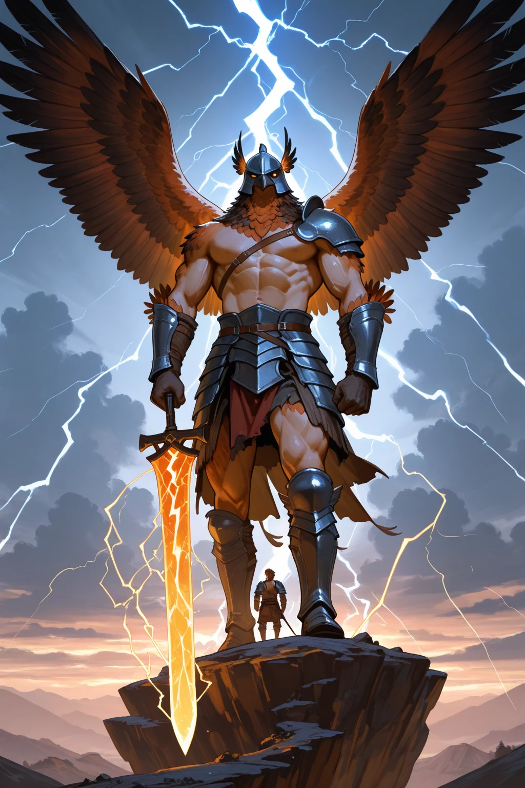 male warrior, Weathered by war,Shirtless, standing on top of a stormy cliff, Grip the giant sword with both hands. standing behind him,lightning crackling in the distance. Epic fantasy style, matte painting medium gave the scene a grand scene, Cinematic feeling. The understated lighting and strong contrast enhanced the details of his well-defined physique and weapon. Emphasize muscles, Armor textures, weathered skin. 8k, The fantastic mosaic, Best quality, atmospurate.