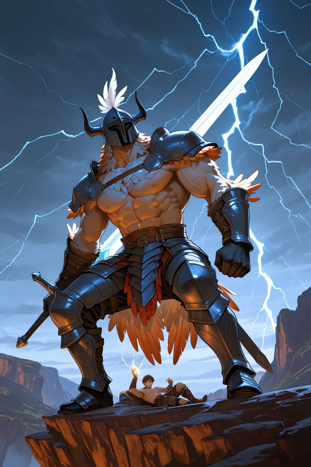 male warrior, Weathered by war,Shirtless, standing on top of a stormy cliff, Grip the giant sword with both hands. standing behind him,lightning crackling in the distance. Epic fantasy style, matte painting medium gave the scene a grand scene, Cinematic feeling. The understated lighting and strong contrast enhanced the details of his well-defined physique and weapon. Emphasize muscles, Armor textures, weathered skin. 8k, The fantastic mosaic, Best quality, atmospurate.