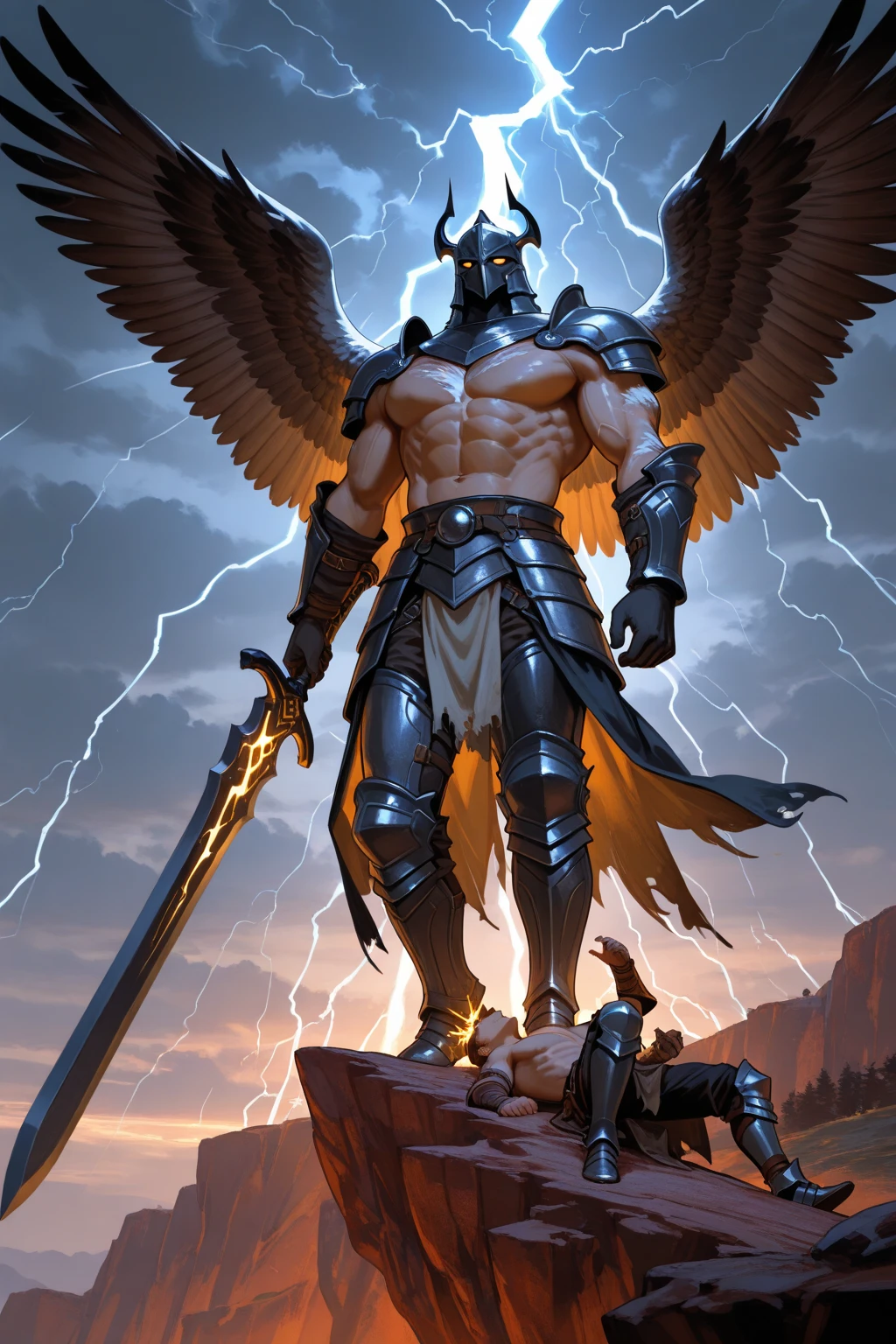 male warrior, Weathered by war,Shirtless, standing on top of a stormy cliff, Grip the giant sword with both hands. standing behind him,lightning crackling in the distance. Epic fantasy style, matte painting medium gave the scene a grand scene, Cinematic feeling. The understated lighting and strong contrast enhanced the details of his well-defined physique and weapon. Emphasize muscles, Armor textures, weathered skin. 8k, The fantastic mosaic, Best quality, atmospurate.