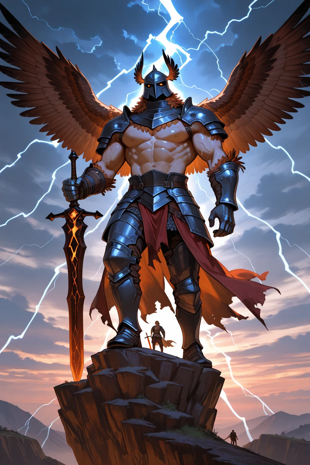 male warrior, Weathered by war,Shirtless, standing on top of a stormy cliff, Grip the giant sword with both hands. standing behind him,lightning crackling in the distance. Epic fantasy style, matte painting medium gave the scene a grand scene, Cinematic feeling. The understated lighting and strong contrast enhanced the details of his well-defined physique and weapon. Emphasize muscles, Armor textures, weathered skin. 8k, The fantastic mosaic, Best quality, atmospurate.