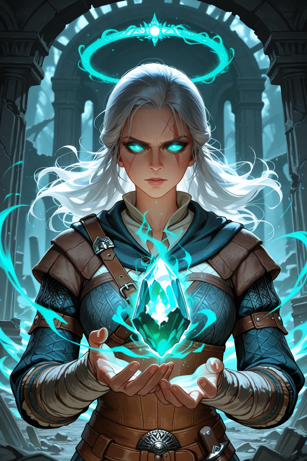 the witcher, Cast a spell, swirls of magic, Floating Crystals, ancient ruins, Glowing Eyes, Fantasy Artistic Effects, Dramatic pose, portrait of, particle effect, Ambient Halo, High Detailed Magic Aura, 8k, masterpiece