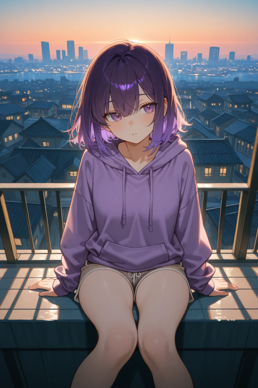 1 girlirl, Wearing a loose hoodie and shorts, sitting alone on a quiet roof,overlooking the vast city at dusk. Her legs are hanging on the edge, blows through her hair. animated movie style, ,The warm light,digital painting medium. The scene is bathed in rich sunset edge lighting, as she stares at the horizon {x} casts soft shades of orange and purple. emphasizes expressive atmosphere, natural tpose, and cityscape details. Ultra detailed, masterpiece, 8k resolution, Film Focus.