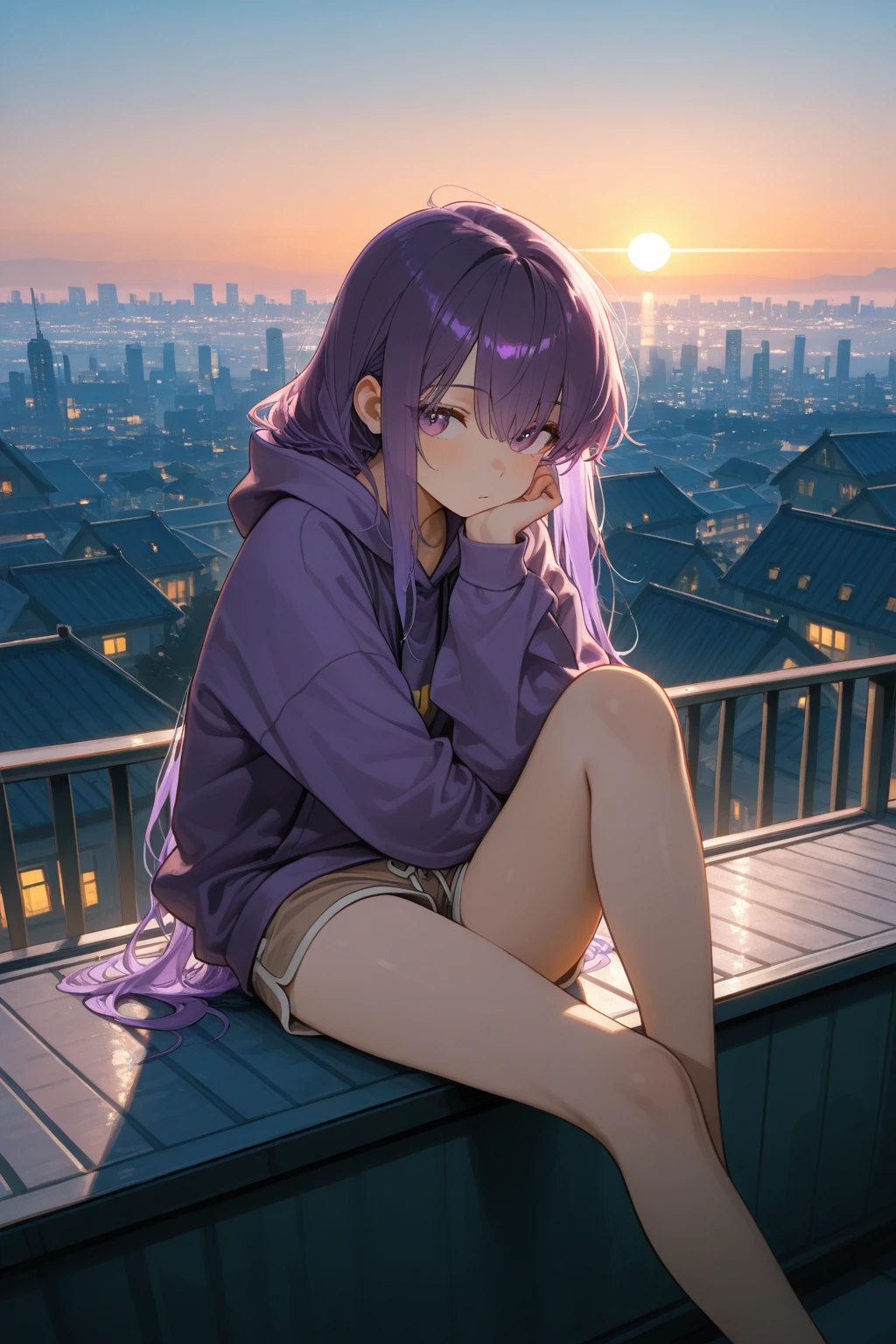 1 girlirl, Wearing a loose hoodie and shorts, sitting alone on a quiet roof,overlooking the vast city at dusk. Her legs are hanging on the edge, blows through her hair. animated movie style, ,The warm light,digital painting medium. The scene is bathed in rich sunset edge lighting, as she stares at the horizon {x} casts soft shades of orange and purple. emphasizes expressive atmosphere, natural tpose, and cityscape details. Ultra detailed, masterpiece, 8k resolution, Film Focus.