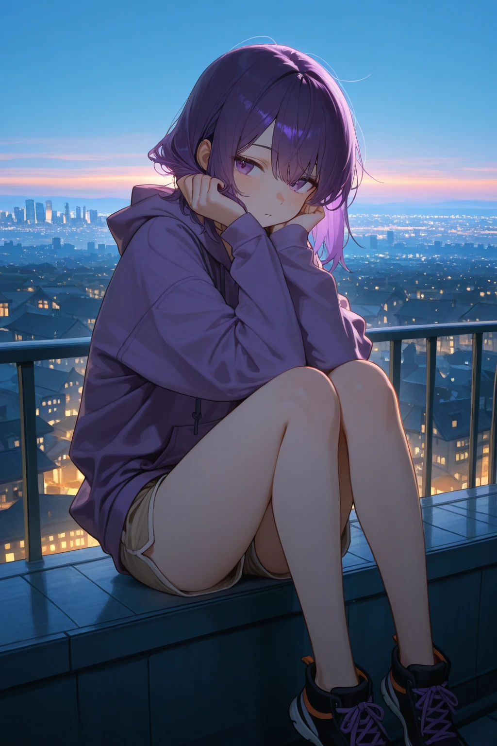 1 girlirl, Wearing a loose hoodie and shorts, sitting alone on a quiet roof,overlooking the vast city at dusk. Her legs are hanging on the edge, blows through her hair. animated movie style, ,The warm light,digital painting medium. The scene is bathed in rich sunset edge lighting, as she stares at the horizon {x} casts soft shades of orange and purple. emphasizes expressive atmosphere, natural tpose, and cityscape details. Ultra detailed, masterpiece, 8k resolution, Film Focus.