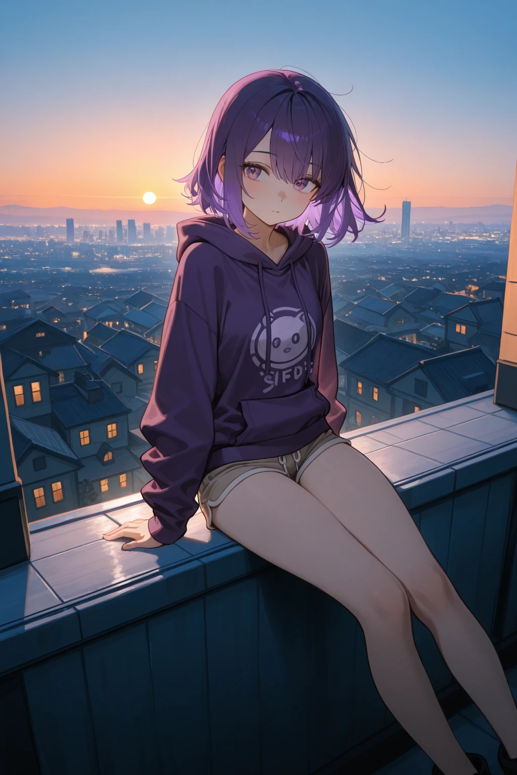 1 girlirl, Wearing a loose hoodie and shorts, sitting alone on a quiet roof,overlooking the vast city at dusk. Her legs are hanging on the edge, blows through her hair. animated movie style, ,The warm light,digital painting medium. The scene is bathed in rich sunset edge lighting, as she stares at the horizon {x} casts soft shades of orange and purple. emphasizes expressive atmosphere, natural tpose, and cityscape details. Ultra detailed, masterpiece, 8k resolution, Film Focus.