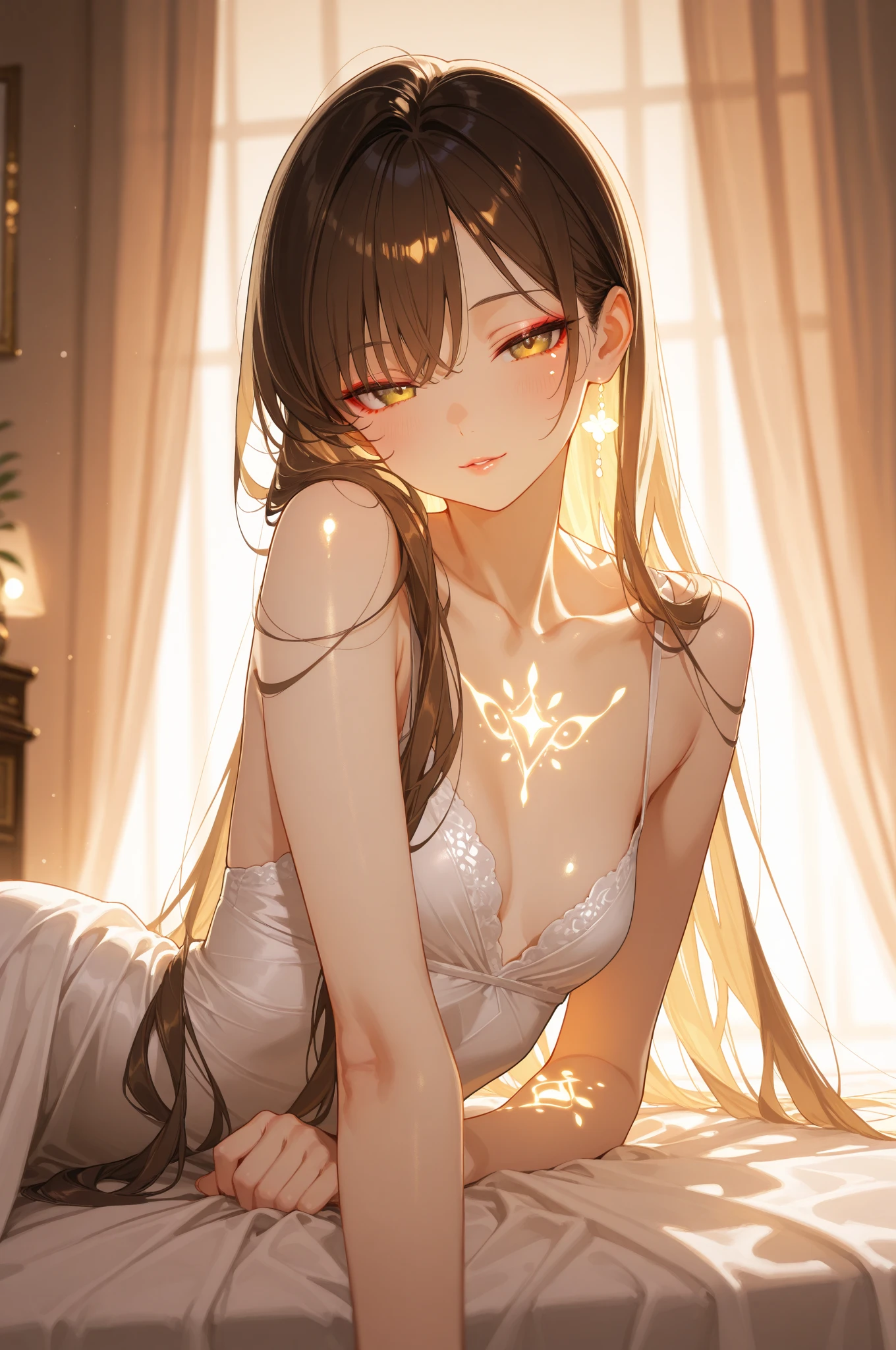 精致摄影,完美画质,超高清
1girl, beautiful woman, slim body, bare shoulders, collarbone, elegant pose, long flowing hair, subtle curves, delicate features, rosy cheeks, glowing skin, natural makeup, sensual expression, parted lips, bedroom eyes, silk sheets, soft lighting, warm atmosphere, boudoir photography, intimate moment, artistic composition, depth of field, soft focus, professional lighting, morning glow, luxury bedroom