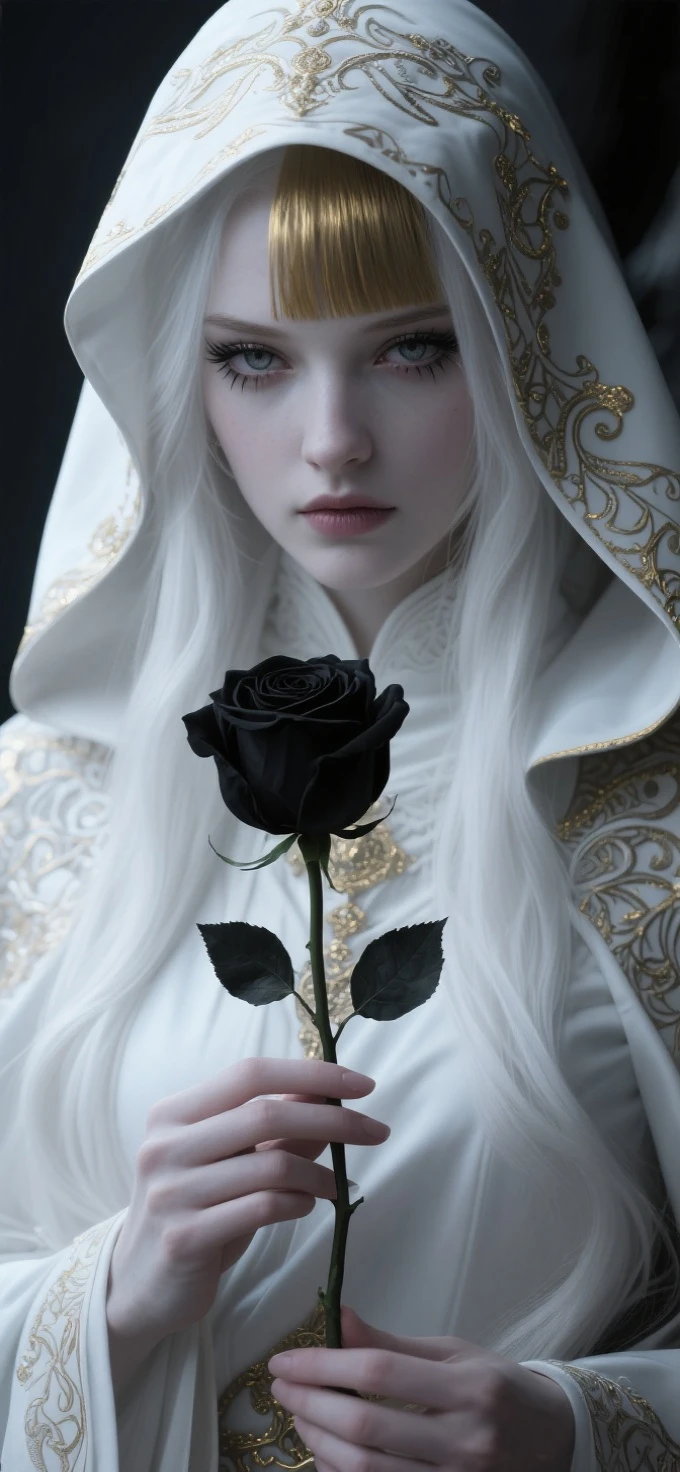 Anime style,Realistic illustration of a charming white haired nun holding a black rose,Long blond hair with bangs,A flowing white cape with golden edges,exquisite lighting and shadows,Long eyelashes,Mostly white attire with intricate patterns,masterpiece,Clear eyes,cinematic composition,Epic fantasy art,rich details,Best quality at best,OC rendering,Focus on the eye area,goth style,Dark fantasy,