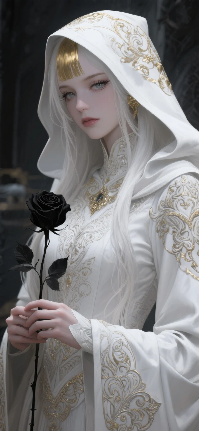 Anime style,Realistic illustration of a charming white haired nun holding a black rose,Long blond hair with bangs,A flowing white cape with golden edges,exquisite lighting and shadows,Long eyelashes,Mostly white attire with intricate patterns,masterpiece,Clear eyes,cinematic composition,Epic fantasy art,rich details,Best quality at best,OC rendering,Focus on the eye area,goth style,Dark fantasy,