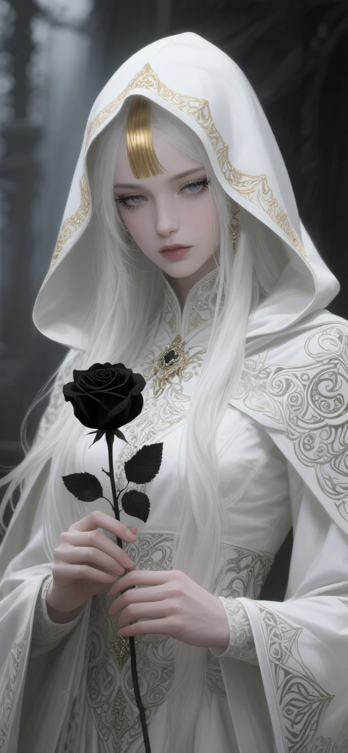 Anime style,Realistic illustration of a charming white haired nun holding a black rose,Long blond hair with bangs,A flowing white cape with golden edges,exquisite lighting and shadows,Long eyelashes,Mostly white attire with intricate patterns,masterpiece,Clear eyes,cinematic composition,Epic fantasy art,rich details,Best quality at best,OC rendering,Focus on the eye area,goth style,Dark fantasy,