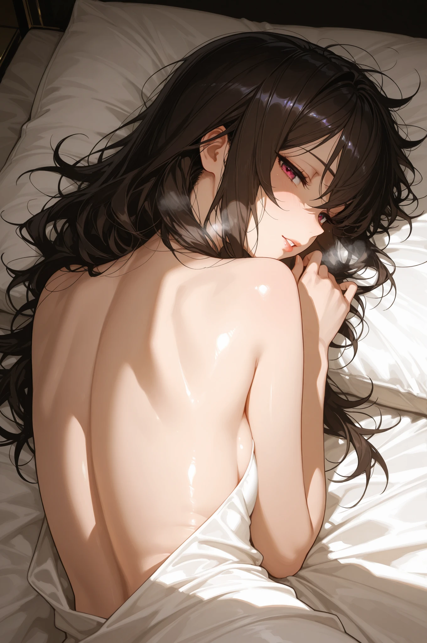 摄影大师，顶级画质，细致入微
1girl, seductive pose, flawless beauty, hourglass figure, bare back, smooth skin, bedroom mood, passionate expression, moist lips, heavy breathing, messy hair, natural curves, intimate lighting, silk bedding, private moment, luxury suite, dramatic shadows, professional composition, emotional intensity, raw beauty, sensual atmosphere