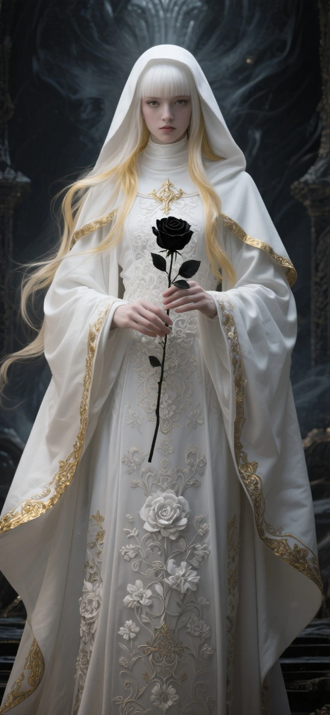 Anime style,Realistic illustration of a charming white haired nun holding a black rose,Long blond hair with bangs,A flowing white cape with golden edges,exquisite lighting and shadows,Long eyelashes,Mostly white attire with intricate patterns,masterpiece,Clear eyes,cinematic composition,Epic fantasy art,rich details,Best quality at best,OC rendering,Focus on the eye area,goth style,Dark fantasy,