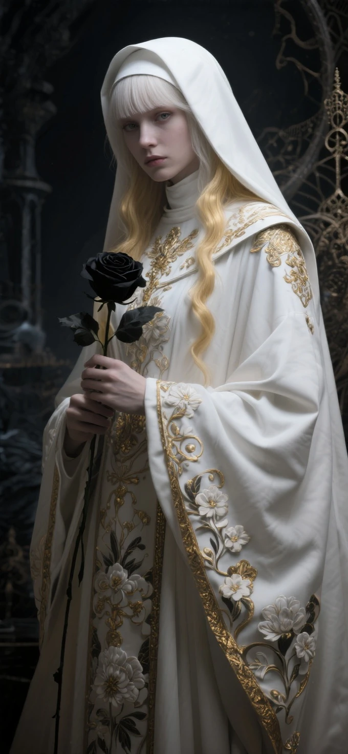 Anime style,Realistic illustration of a charming white haired nun holding a black rose,Long blond hair with bangs,A flowing white cape with golden edges,exquisite lighting and shadows,Long eyelashes,Mostly white attire with intricate patterns,masterpiece,Clear eyes,cinematic composition,Epic fantasy art,rich details,Best quality at best,OC rendering,Focus on the eye area,goth style,Dark fantasy,