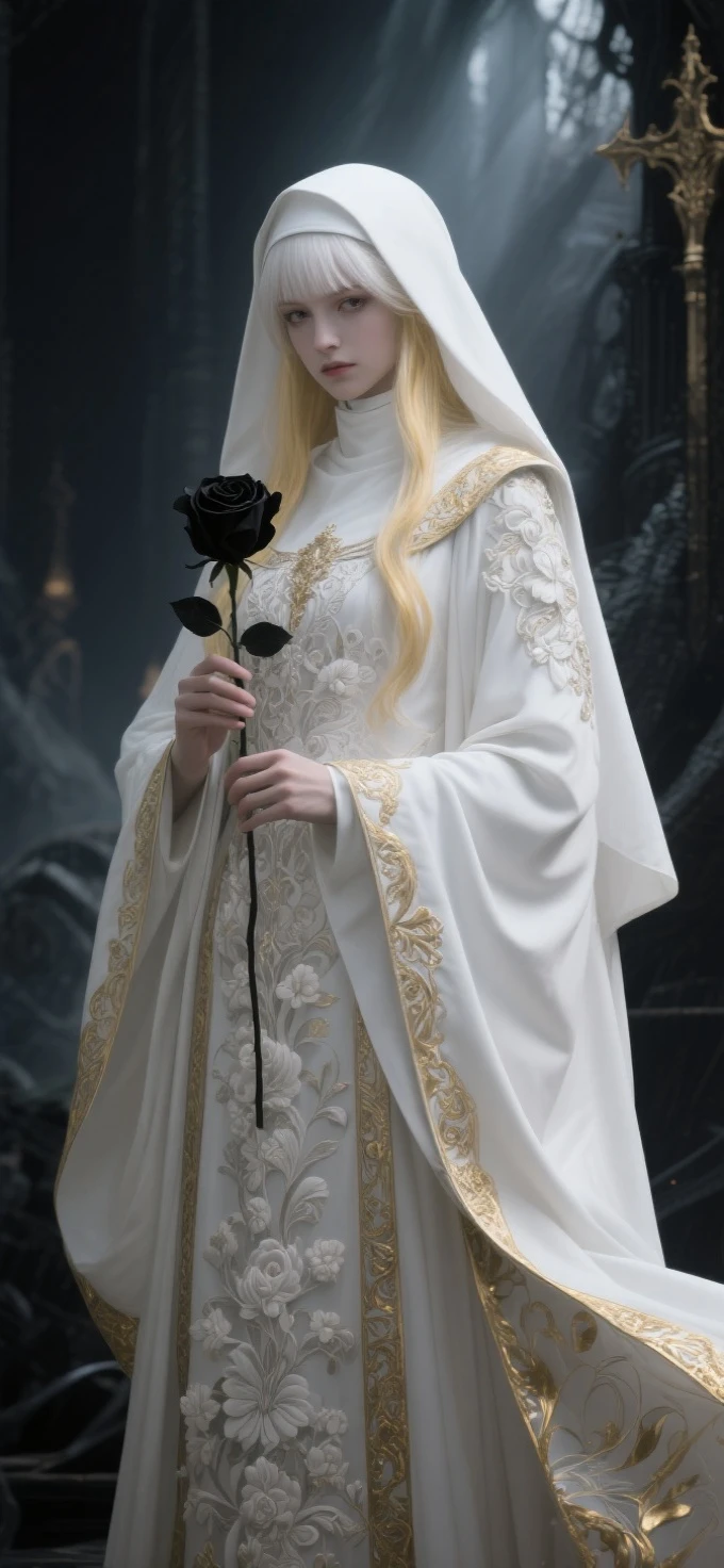 Anime style,Realistic illustration of a charming white haired nun holding a black rose,Long blond hair with bangs,A flowing white cape with golden edges,exquisite lighting and shadows,Long eyelashes,Mostly white attire with intricate patterns,masterpiece,Clear eyes,cinematic composition,Epic fantasy art,rich details,Best quality at best,OC rendering,Focus on the eye area,goth style,Dark fantasy,
