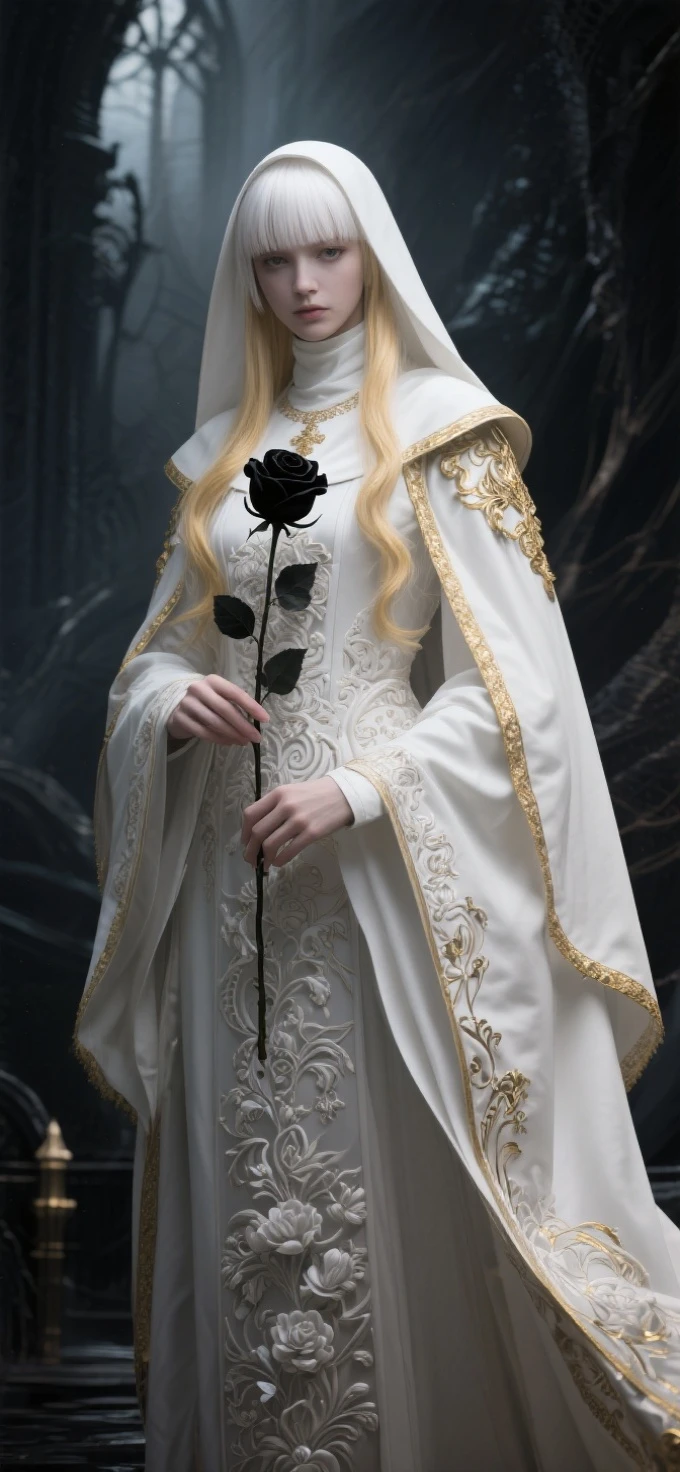 Anime style,Realistic illustration of a charming white haired nun holding a black rose,Long blond hair with bangs,A flowing white cape with golden edges,exquisite lighting and shadows,Long eyelashes,Mostly white attire with intricate patterns,masterpiece,Clear eyes,cinematic composition,Epic fantasy art,rich details,Best quality at best,OC rendering,Focus on the eye area,goth style,Dark fantasy,