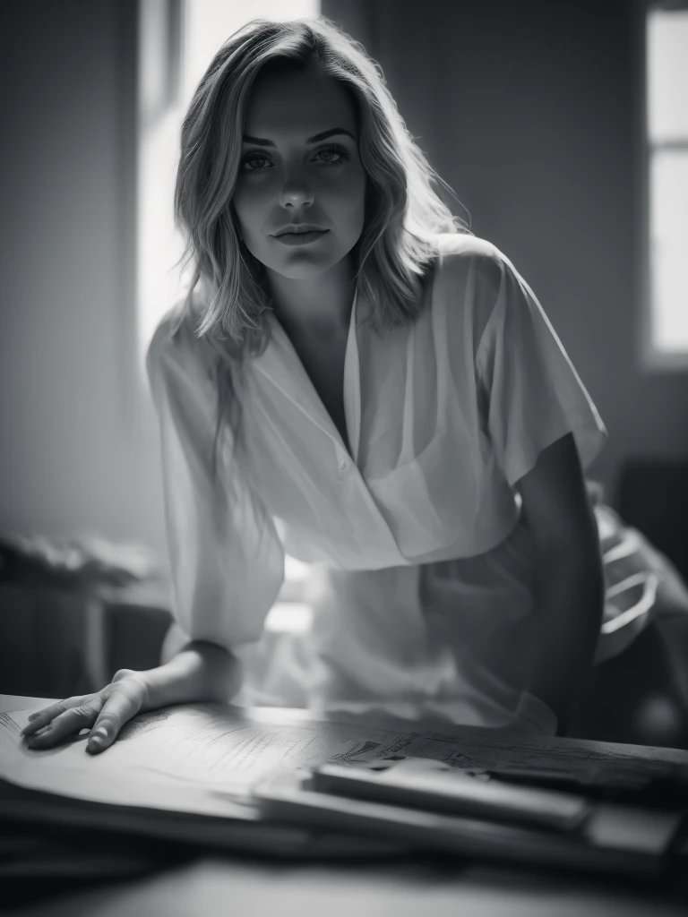 nurse's outfit, 1 girlirl, Short dress, White stockings, attractive expression, sittinng on the desk, Anime style, portrait of, hospital in background, Rim Lighting, has a soft luster on the skin, Ultra detailed, 4k, Suggestive, Erotic aesthetics