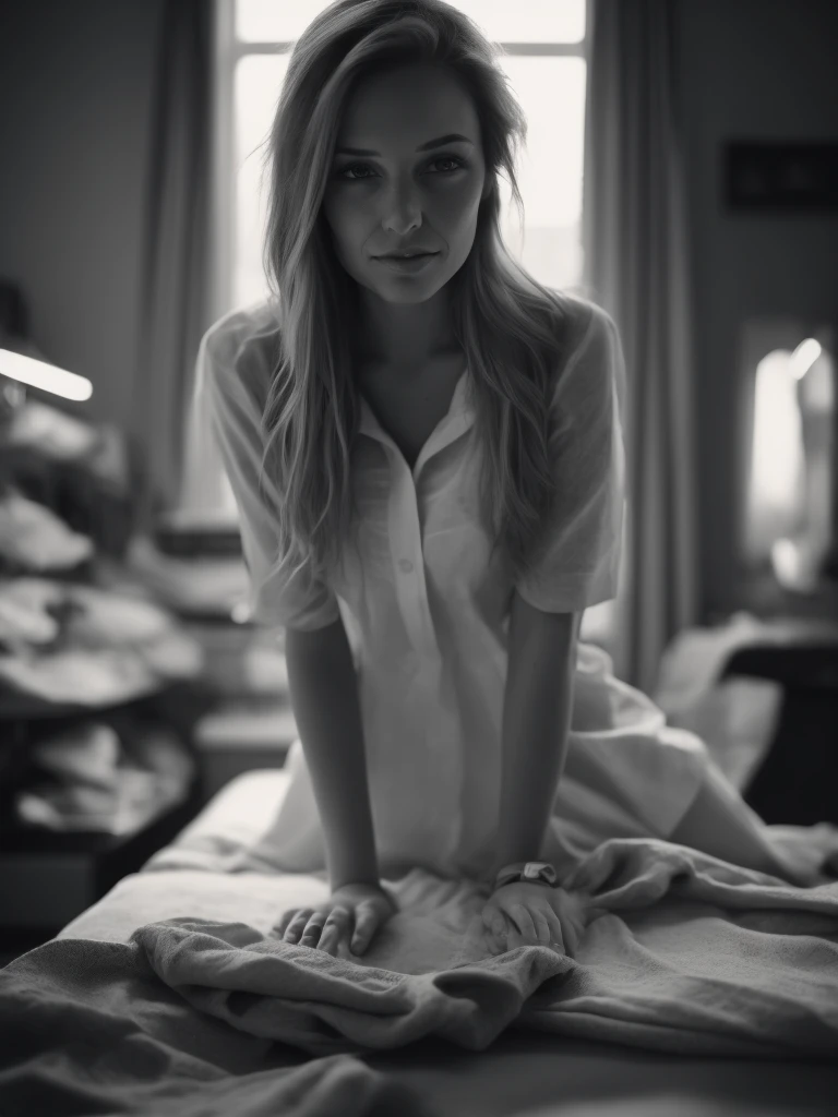 nurse's outfit, 1 girlirl, Short dress, White stockings, attractive expression, sittinng on the desk, Anime style, portrait of, hospital in background, Rim Lighting, has a soft luster on the skin, Ultra detailed, 4k, Suggestive, Erotic aesthetics
