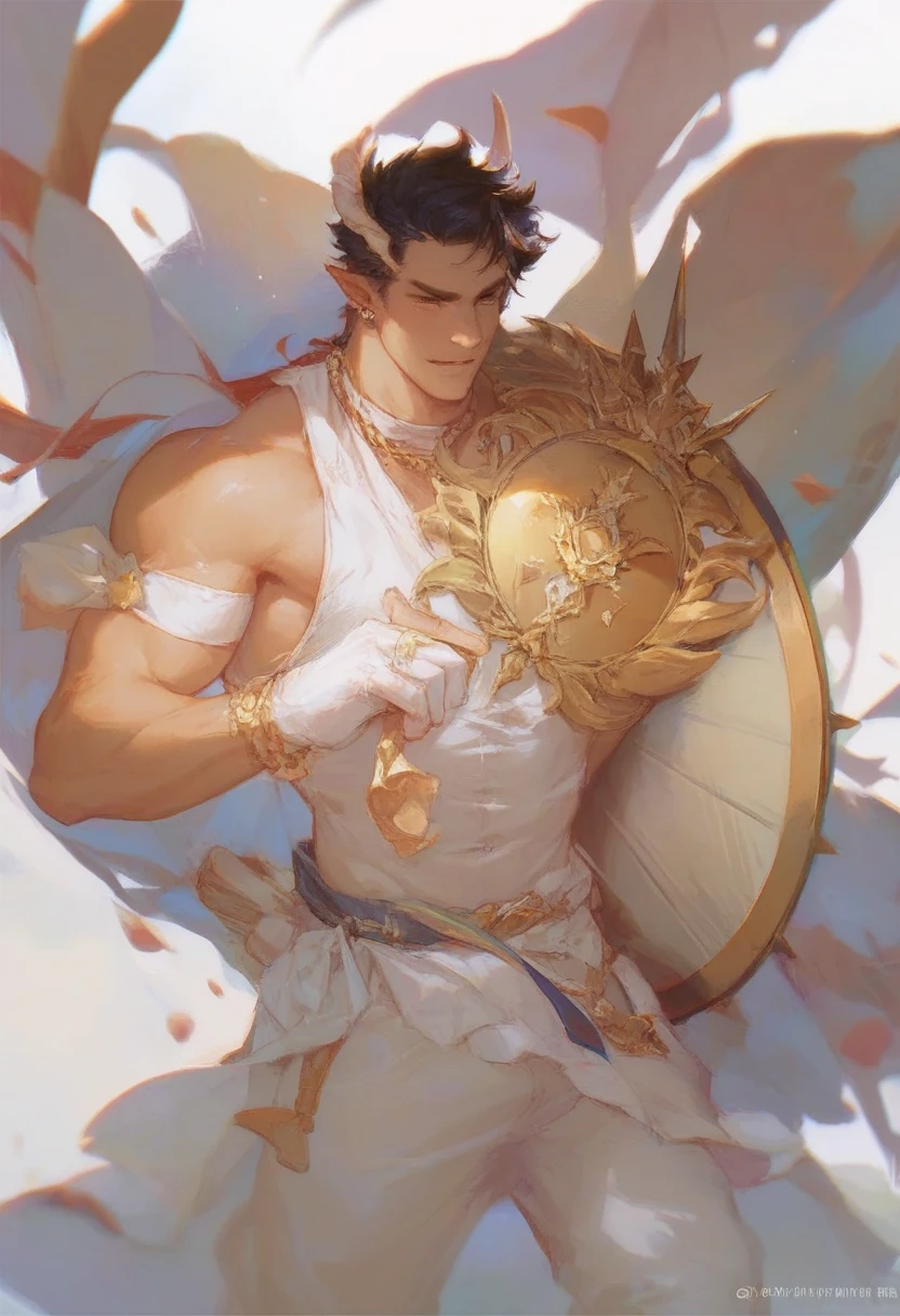 He held a white and gold shield in his hand
