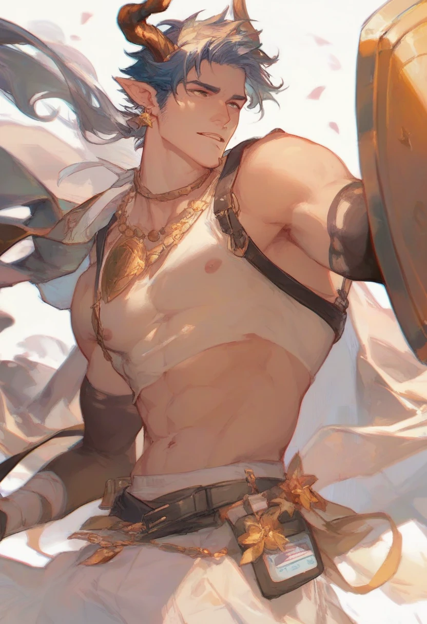 He held a white and gold shield in his hand