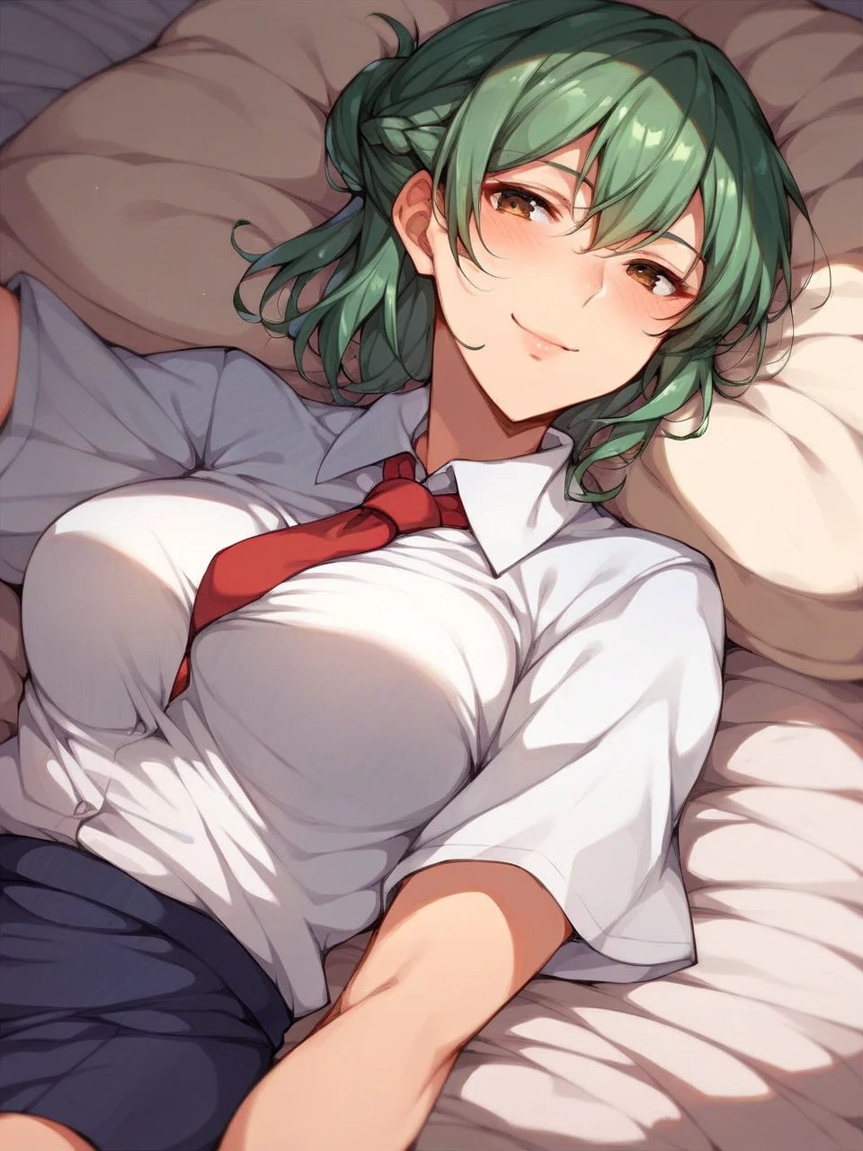 score_9, score_8_up, score_7_up, score_6_up, score_5_up, score_4_up, source_anime, Mion Sonozaki, green eyes, ponytail, white shirt, red necktie, yellow vest, red skirt, lying on bed, covered erect nipples <lora:MionPonyN-000016:1>,