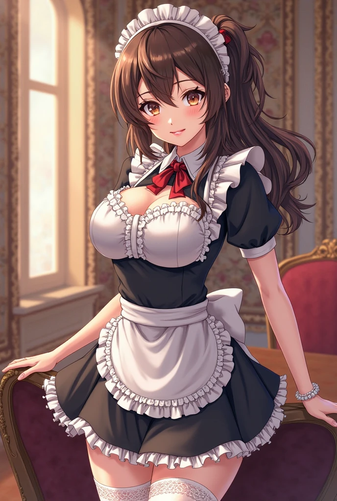 Hot woman, long hair, maid dress,sexy, inside room, brown hair, brown eyes