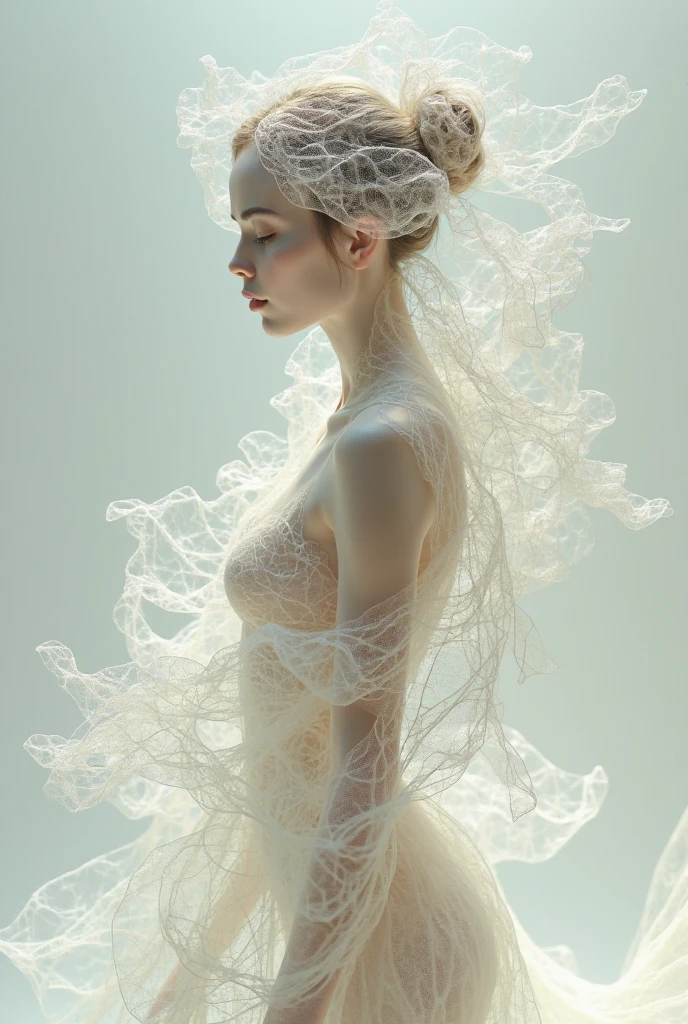 surreal fashion photography, portrait of a fashion model, avant-garde fashion made of translucent flowing fabrics, telephoto lens, studio lighting