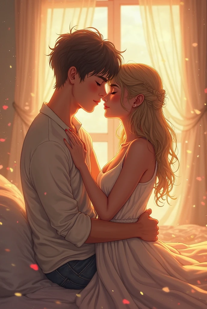 A blonde girl with his green eyes, curl hair boyfriend. They are at same height