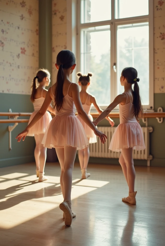 In a Wes Anderson ballet studio, three 10-year-old girls in colorful tutus practice, dance class