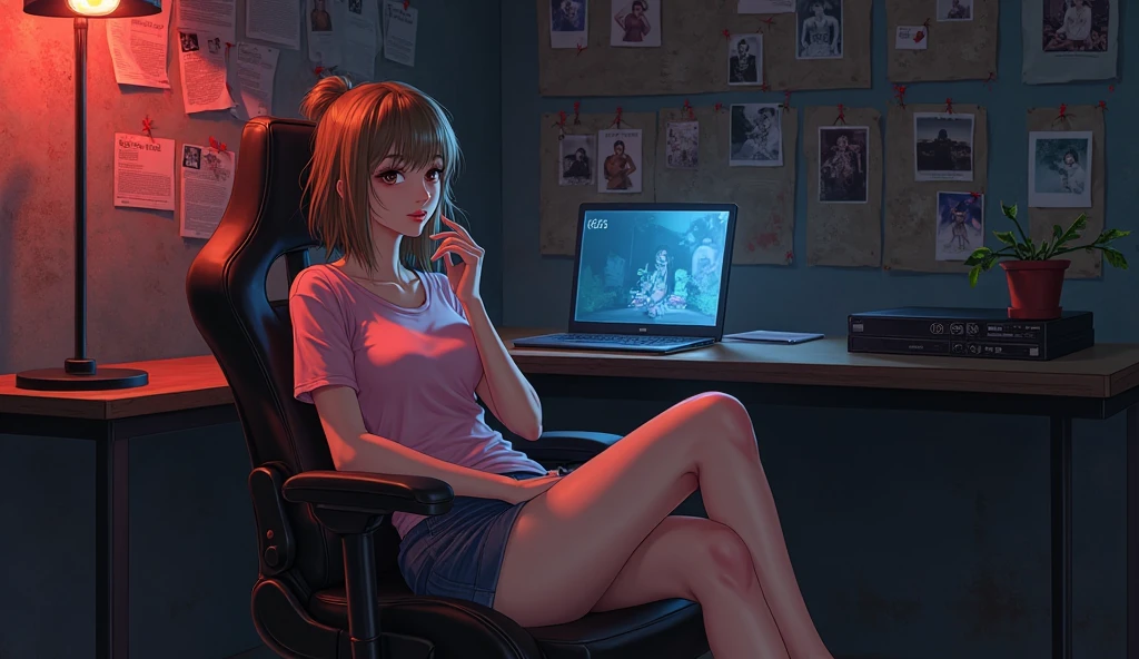 Create a high-quality, detailed image of a beautiful, sexy anime lofi girl with short, red hair, bright blue eyes, and a smile, sitting at her gaming PC in a cozy lounge. She has tattoos and wears a tank top and shorts, showing her shoulder and midriff, highlighting her stunning curves and toned body. The warm, inviting scene includes soft ambient lighting, comfortable seating, and a high-end PC setup with multiple monitors and RGB lighting. The setting is illuminated by a small lamp, creating a serene and intimate atmosphere (HIGH QUALITY)