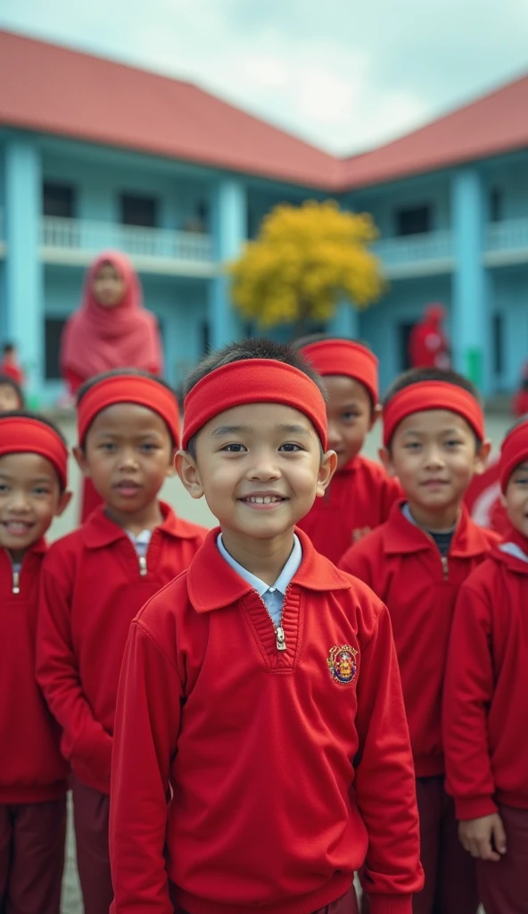 The red and white uniforms with the Garuda symbol are being worn by children in preparation for a ceremony at a school with beautiful views. 

