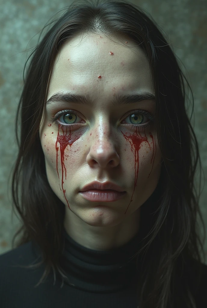 Several decapitated heads of beautiful women, on a table, in a public market, full of blood, blood flowing, ((eyes closed)), bleeding, photorealistic, 4K, Nikon, horror, public market