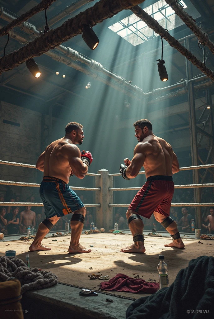 An underground fight club with an audience and ring in a backyard