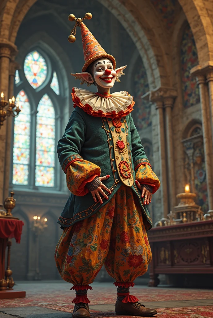 full shot body phot, illustration, bright light, fantasy, highest quality, ultra detailed, best quality, masterpiece, (detailed face), young man dress as jester , clown outfit, confetti in the air, ribbons decorating background, messy hair, short hair, blue hair, (focus on body:1.25), hands behind back, clown makeup, red velvet drapes in background, golden eyes, sparkling eyes, cinematic shot, maximum details, 