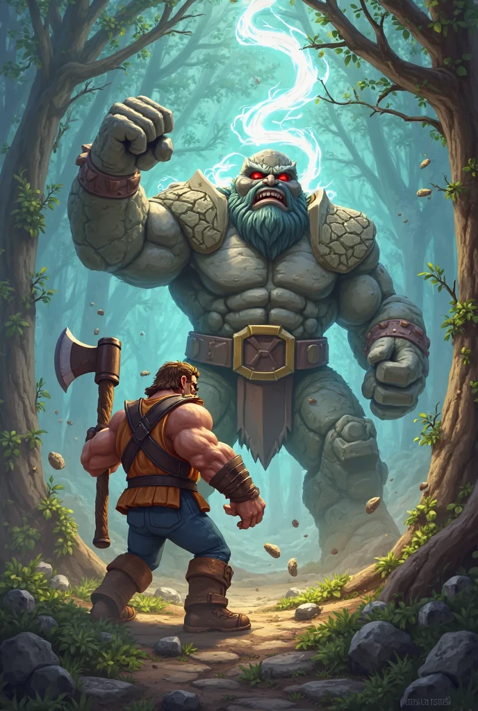 there is a painting of a troll with a hammer in his hand, bugbear, bugbear ranger, raging bugbear, epic full color illustration, grog strongjaw, fur-clad barbarian goliath, a druid, gnoll, tyler edlin fantasy art, troll, humblewood art style, high fantasy illustration, druid warrior, amazingly detailed d & d art,arc  ,hache as deux main ,énergie bleu 