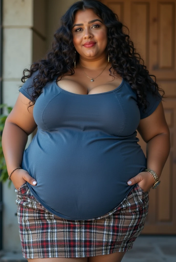 A very fat 16 year old girl sitting at a restaurant, massive belly, very fat, big boobs, giant butt, cubby arms, large thighs, wearing tight clothes, long wavy hair, belly very big, bloated belly
