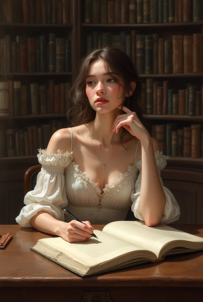 old oil painting by Jessie Willcox Smith and Anne-Louis Girodet, a beautiful lady in a empty library, short haircut, 1880s housewife,huge breasts