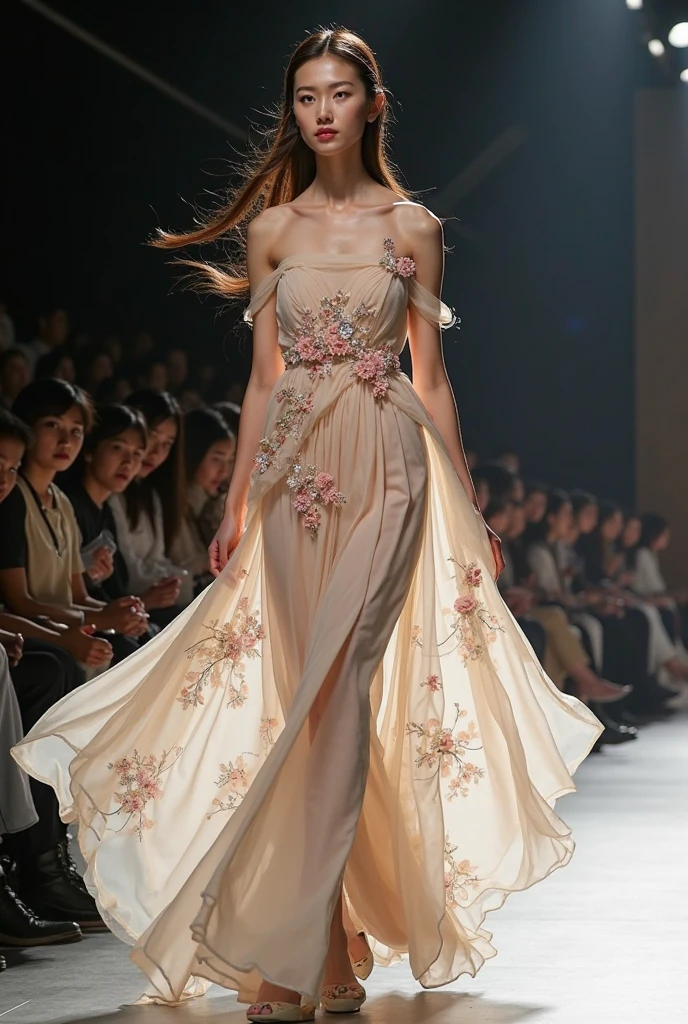 (masterpiece), (best quality), (Extremely detailed),(Messy hair),(illustration), (1 Girl), (Fashion), permanent, fashion model, Looking at the audience, (interview:1.3), Beautiful and delicate eyes, Delicate and beautiful face, Perfect body,(((Transparent dress:1.28))),Long legs,((Modern style fashion:1.2)),((Pantyhose)),High heel,Very detailed details,Stand on the catwalk