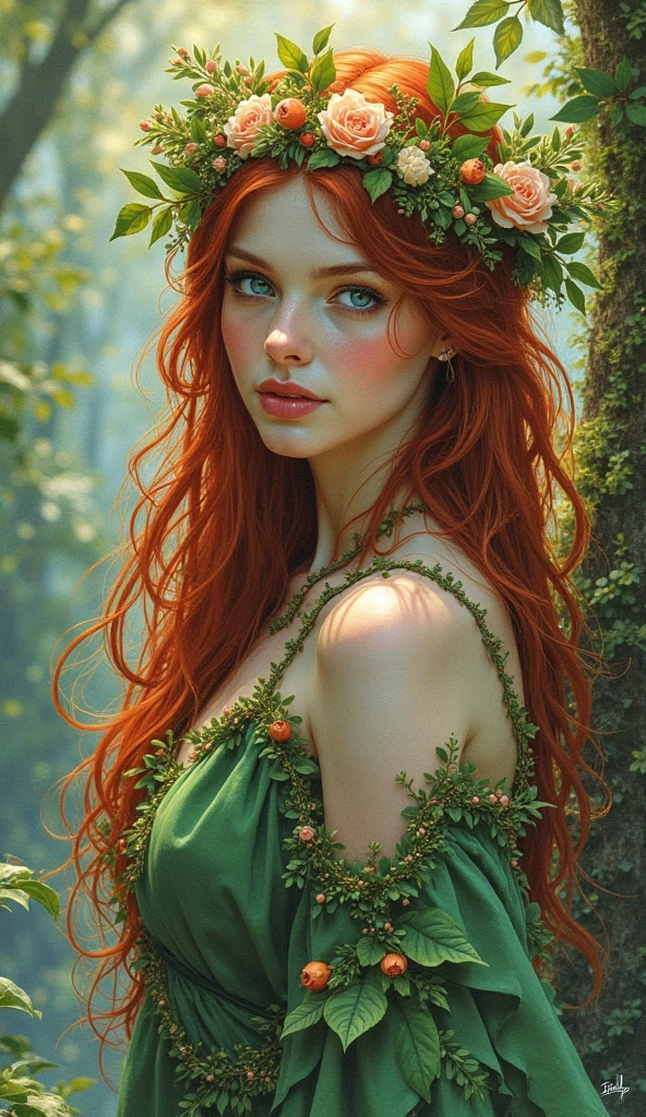 (tmasterpiece, beste-Qualit), 1 girl with long red hair sits in the forest with green plants and flowers, Hand under chin, warm lighting, white red dress, blurry foreground