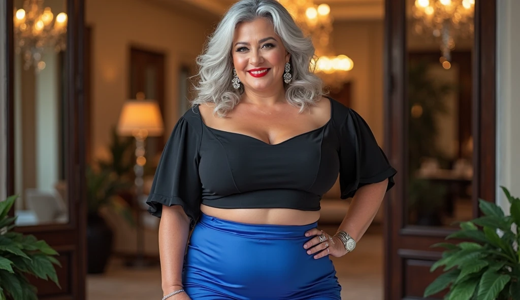 1 mature woman in, age60, Solo, casual hair, curvy body, Looking at Viewer, grayblondehair, Bare shoulders, Brown eyes, jewely, Full body, a necklace, off shoulders, (wearing elegant patterned blue tie tube collared shirt, black skirt elegant patterned), Distant photo, Realistic, A sexy one, beautiful colour, Perfect skin, 3 bust size, instagram (Realistic, A high resolution),photo size 3:4, 1 cute sexy mature woman, large expressive blue eyes, happy, (8K, raw photo, Best quality, High detail, curvaceous forms, curvy body, seductive pose, in the studio Foto with three ports lighting, with black wall background. Her back is turned to the photographer
