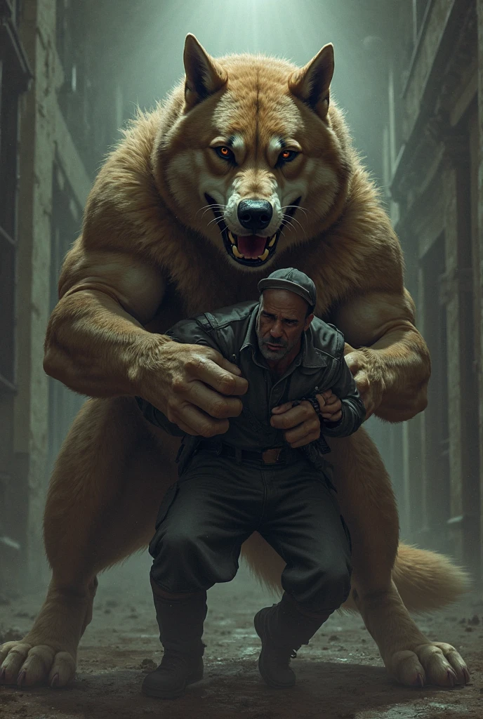 A Lion with human features, gigant ass, with a belt that says PWW. Protecting a puppy in his arms and roaring in the face of a zombie