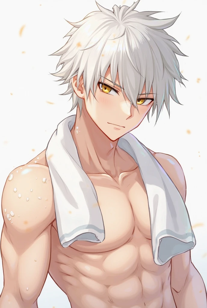 anime art, 1boy, solo male, male focus, highschool boy, beautiful boy, neck length white hair, small red droopy eyes, he has fair skin, he is naked, he is slender, slender body, he is smiling, he is in bathroom, ultra-detailed, ultra quality, high resolution, hdr, masterpiece, cinematic, detailed, absurdres