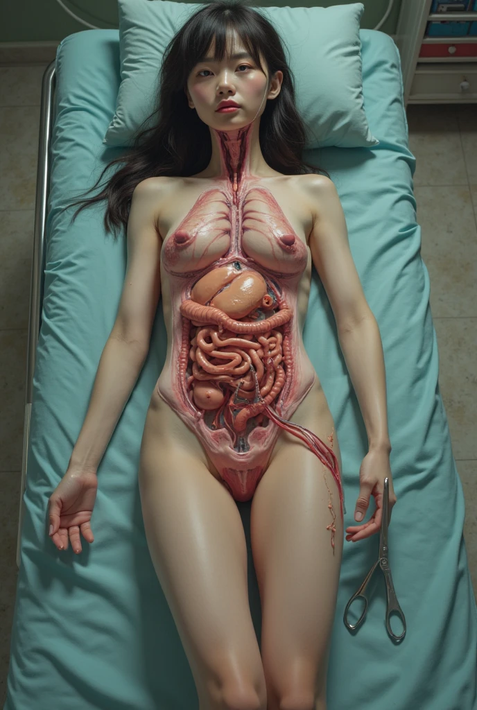 A meticulously crafted, ultra-realistic depiction of a Korean female with an athletic physique, lying prone on an autopsy table in a stark, well-lit medical examination room. Her skin is flawlessly rendered, with a slight sheen that suggests a recent embalming process. Her jet-black hair is tied back in a neat bun, allowing an unobstructed view of her serene face, which is the only part of her body not exposed. The muscular contours of her body are accentuated by the strategic placement of her arms and legs, which are slightly apart to reveal the full extent of her toned torso. Her breasts are firm and pert, with small, rosy areolae and erect nipples that stand out against the paleness of her skin. Her abdomen is flat and defined, with a faint trace of a belly button piercing. The V-line of her pelvis slopes down to muscular hips that lead to long, shapely legs, and her feet are positioned in a way that showcases the intricate tapestry of tendons and muscles. Each strand of pubic hair is meticulously detailed, framing her sex with a natural elegance. The room around her is sterile and clinical, with stainless steel surfaces reflecting the harsh light, and various anatomical instruments laid out neatly on a nearby tray. The atmosphere is one of detached professionalism, the only signs of life being the vivid redness of her freshly exposed internal organs, which are displayed with anatomical accuracy and precision. Her eyes are closed, giving her an air of peacefulness amidst the cold, scientific environment.