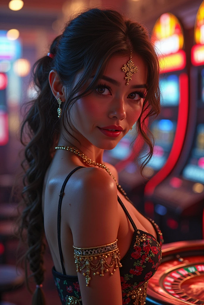 woman, facing viewer,fcPortrait, cropped top with underboob, 1girl, detailed face, hanging lanterns, illustrated, dark background, low key lighting, hair light