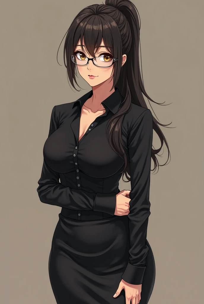 Draw an anime woman, Whole body, slim, with glasses, black clothes and long curly hair