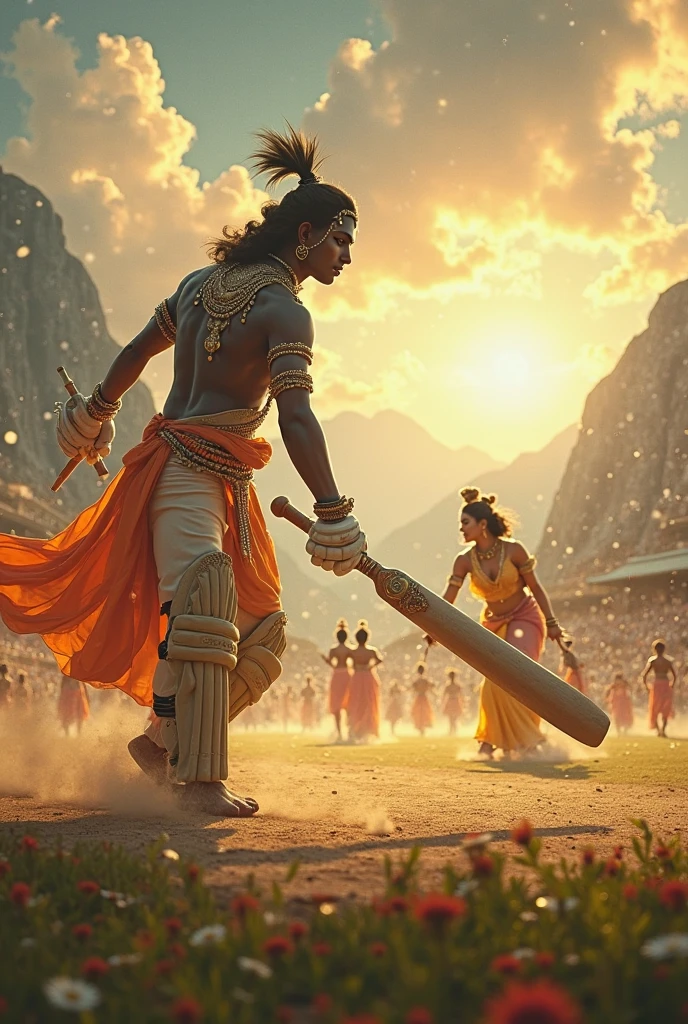 (Masterpiece) (highly detailed) Realistic1.6 krishna ji playing cricket with mahadev in the stadium
