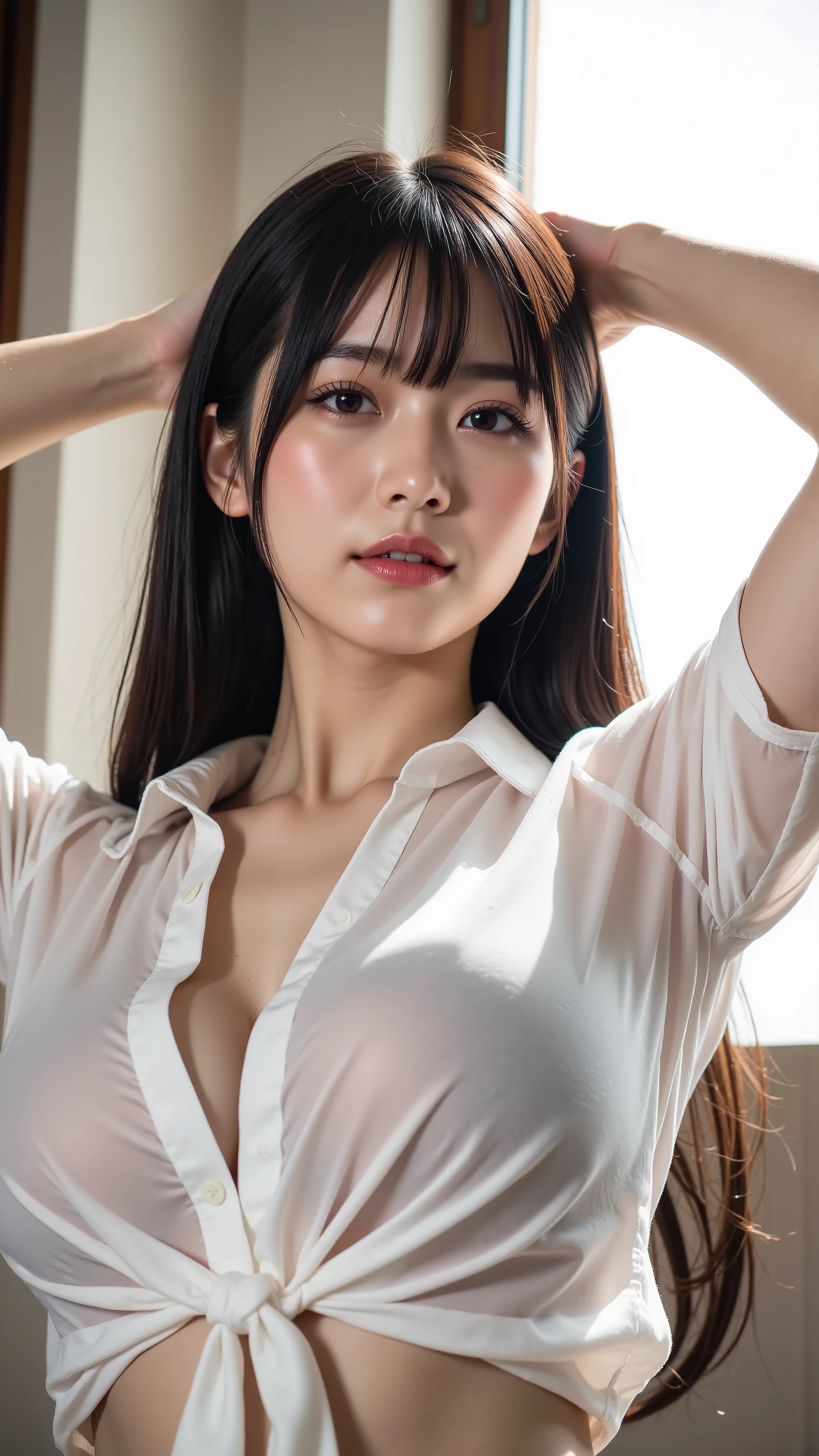 (Best Quality), masutepiece:1.2, 超A high resolution, ((cowboy shot:1.4))、((Shot from below:1.4))、Photorealistic:1.4, Raw photo, ((In front of the fireplace in a dark mountain hut:1.4)), (Wide angle shot), ((Collared short sleeve white shirt for students:1.4)),(1girl in),(15 year old girl), (White bra:1.4),((cleavage of the breast:1.5)) ((wetted skin:1.5)), (Real Skin), ((medium breasts:1.4))、(extremely short hairstyle, dark brown hair)、 ((Denim skirt:1.4)), (((Holding a white bath towel in your hand:1.4))),((Not wearing panties:1.4))、((Detailed female genitalia、Pubic hair:1.4))、 (hyperdetailed face), ((shairband:1.4)), (Ultra detailed eyes), (Ultra-detailed nose), (Ultra detailed mouth), (Ultra detailed arms), (ultra detailed body), Pan Focus, Staring at the photographer、terrified expression、Afraid、standing with spread legs