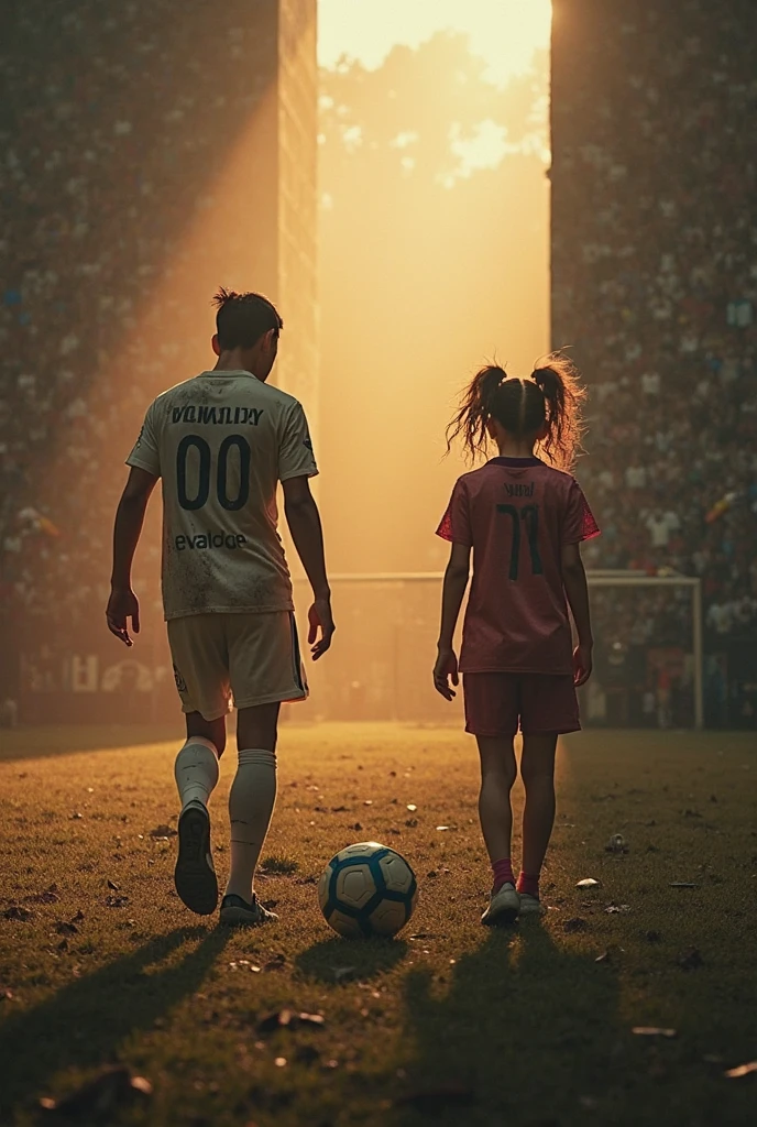 A boy with curly hair, 7 feet tall and fair skin who's a footballer wearing shayaank no.07 jersey facing behind With his sister who is 5'6 feet tall, light brown skin who's a Indian soldier wearing cap or Barret facing front (girl in long pants, soldier's uniform look and boy in proper football wear) both of same age around 20 , (both facing opposite direction 45° facing backs toward each other)