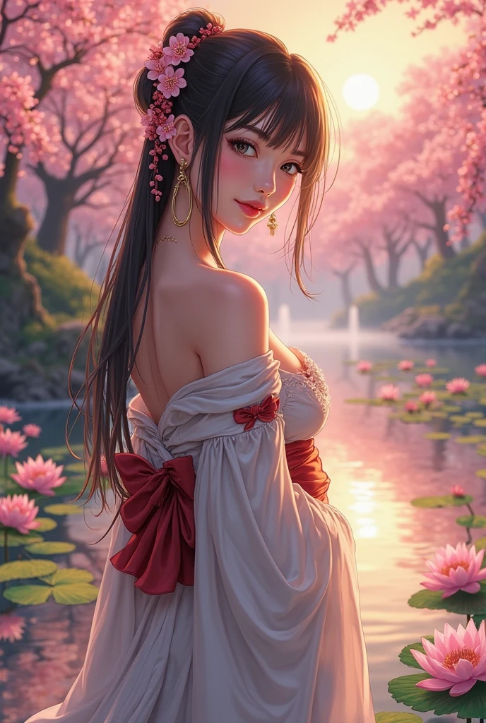 best quality, Masterpiece,ultra high res,dramatic angle,beautifully painted,highly detailed,color Ink wash painting,(color splashing),colorful splashing,(fluttered detailed color splashs),((ink refraction)), bright,vivid color,side view,upper body, 1girl,Eastern_European_girls,(bathing:1.3,soaking in the hot spring:1.5,partially immersed:1.4,Holding a lotus in its beak:1.2),smile,(long hair,hair ornament:1.4),hair flower, water on skin, arms behind back,(chinese clothes,Hanfu, colorful),wet clothes, opened clothes,bare shoulders,(wearing dudou,see-through chemise),small breasts exposure,erect nipples, outdoors,chinese ancient style,ancient palace beside,east asian architecture,(beautiful detailed sky),moon,blue sky, lakes, pure,(Lycoris radiata, butterfly, cherry blossoms,Petals floating on the hot spring:1.4), willow tree, bamboo, <lora:more_details:0.2>,<lora:GoodHands-beta2:1>,
