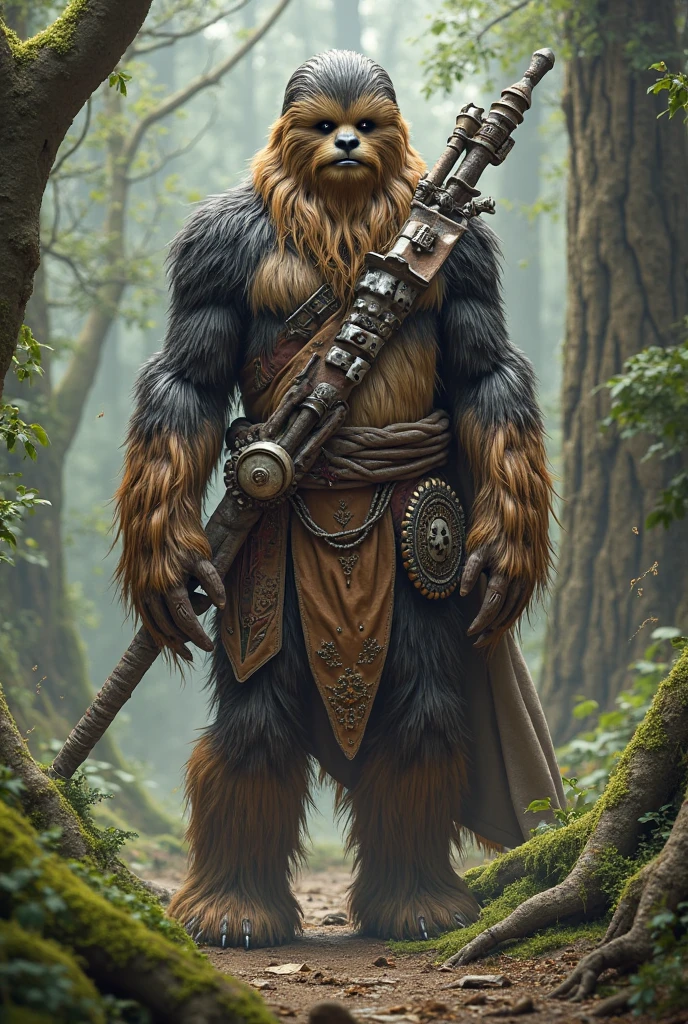 ((solo tall strong male wookie wearing a green leotard with a utility belt)), back view, butt, fat ass, backsack, bulge, furry butt, thick thighs, thigh holster, bandoleer, leather straps, tactical, Star Wars blaster, gun, dilf, wide hips, shoulder pads, 4K, Detailed Background, forest, bright sunlight, full view, full body view, full body in frame, by personalami, by ruardri, by thebigslick, by kenket