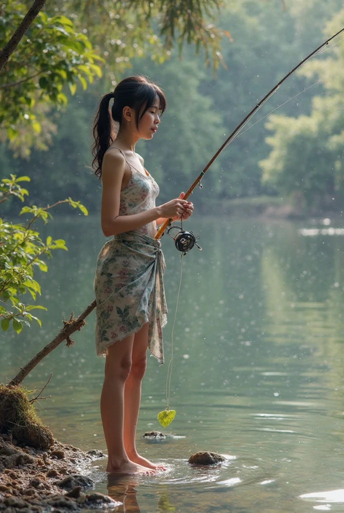 (photorealism:1.2), beautiful woman, brown hair style, In a muddy lake, green lagoon with algae, She was wearing a white dress, wearing a panty, With a short fishing rod and sitting by the lake, dark and gloomy atmosphere, Transparent dress, realist, intricate details, warm color environment
