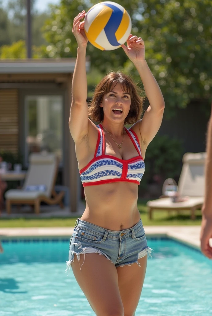 woman in a blue bikini standing in a pool with a frisbee, full body shot in bikini, in bikini, is wearing a swimsuit, in a swimming pool, in a bikini, blue bikini, wearing two - piece swimsuit, wearing spandex bikini, swimming, next to a pool, playing at swiming pool, wet swimsuit, full figure, vacation photo, swimmingpool. provavelmente na casa dos 30 anos, foto distante de corpo inteiro. Woman in good physical shape. Uma mulher de pele branca e cabelos escuros. Ela tem cerca de 35 anos. Her slightly plump red lips are like a delicate flower, seus olhos castanhos escuros parecem conter um mundo de maravilhas. Corpo fino. Cintura fina. Your body exudes glamor and your face is the definition of beauty. Teste, altamente realista, pele avermelhada, linda, slightly plump lips, batom rosa, sorridente, feeling of lightness and joy, hiper-realismo, pele muito elaborada, olhar direto. fitness woman. clear photo, alta qualidade, high resolution, obra-prima, 8k.
